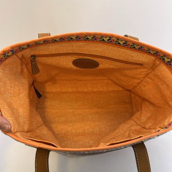 Fossil Colorful Geometric Print Tote Bag Purse Handbag w/ Brown Leather Trim - Picture 10 of 16